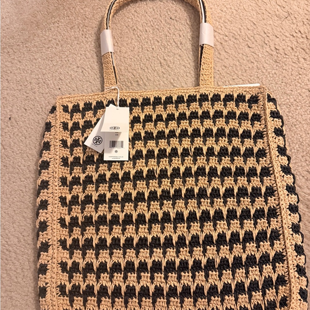 Tory Burch Beige and Black straw Tote